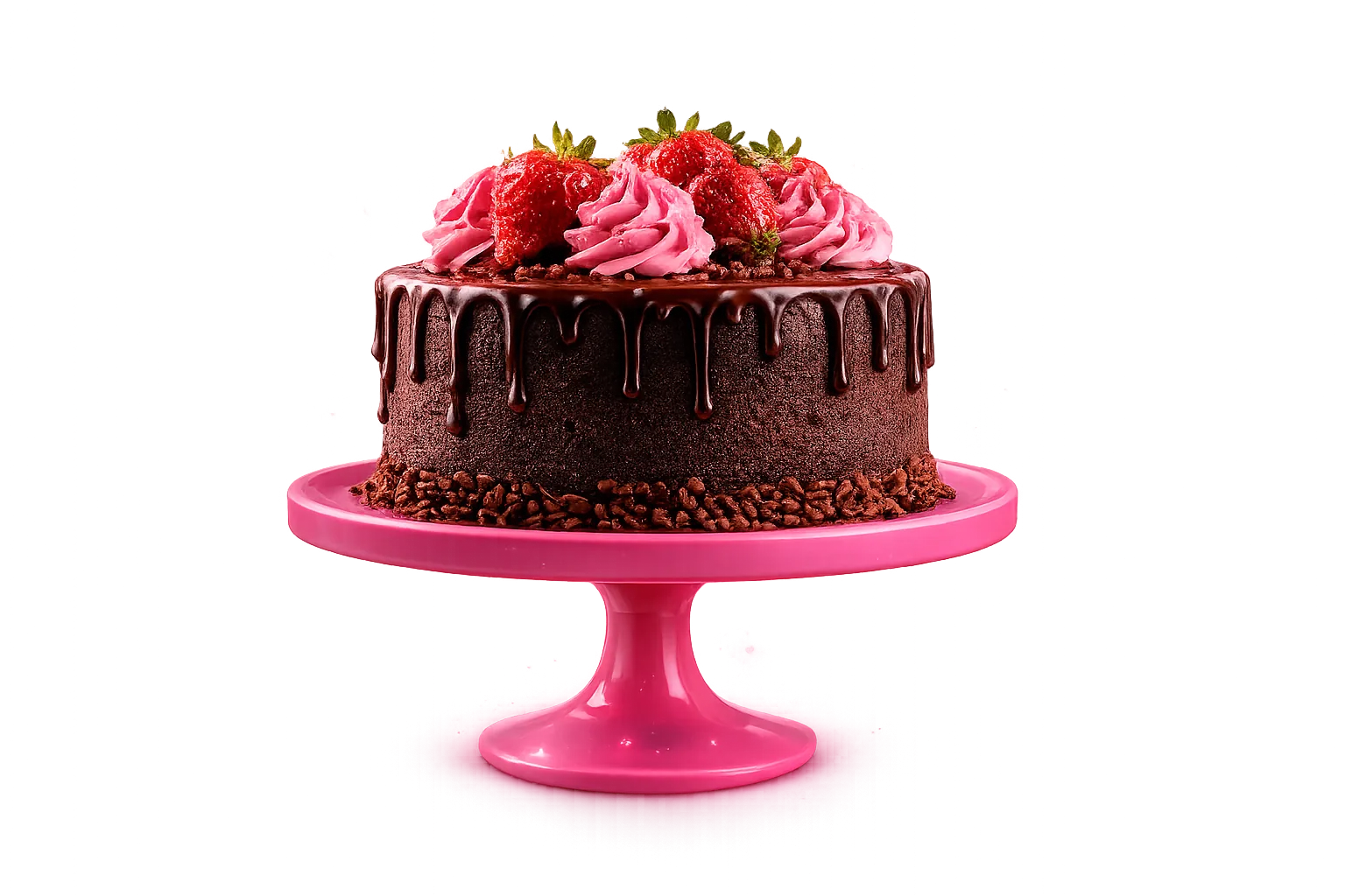 Bolo premium de chocolate com morangos sobre pedestal rosa
